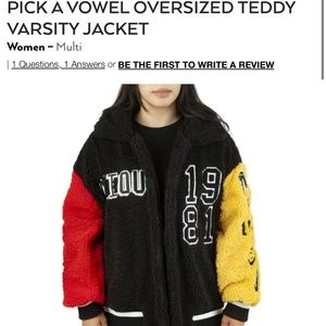 PICK A VOWEL OVERSIZED TEDDY VARSITY JACKET